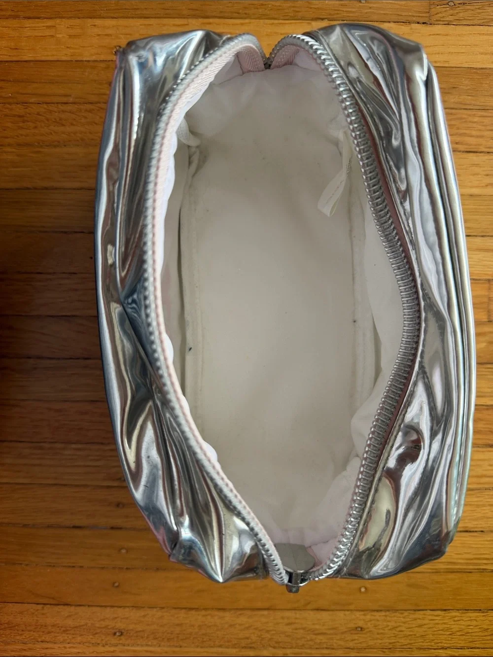 Peace Love & Glow Metallic Cosmetic Bag - Silver with Pink Embroidery